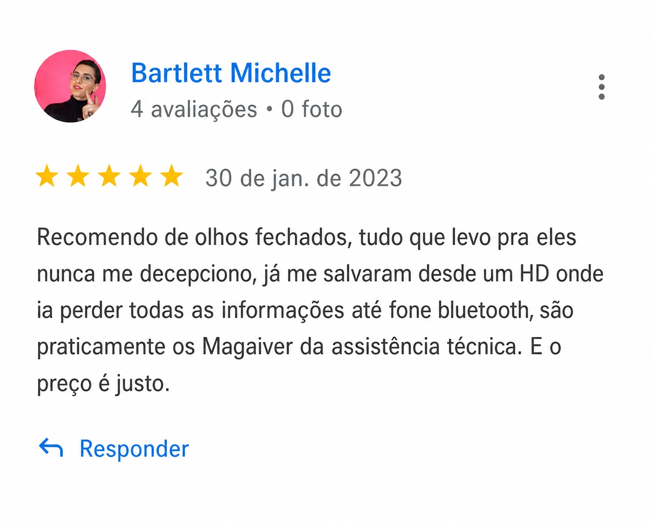 Avaliação 5 estrelas no Google de Bartlett Michelle sobre a Total Assistência em Brasília