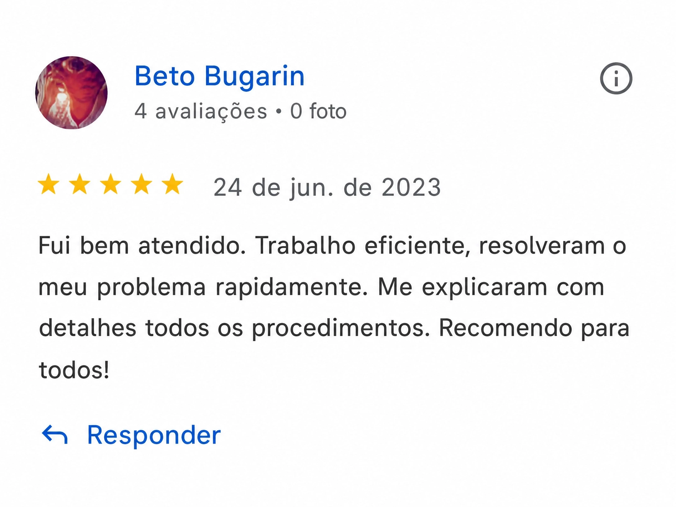 Avaliação 5 estrelas no Google de Beto Bugarin sobre a Total Assistência em Brasília