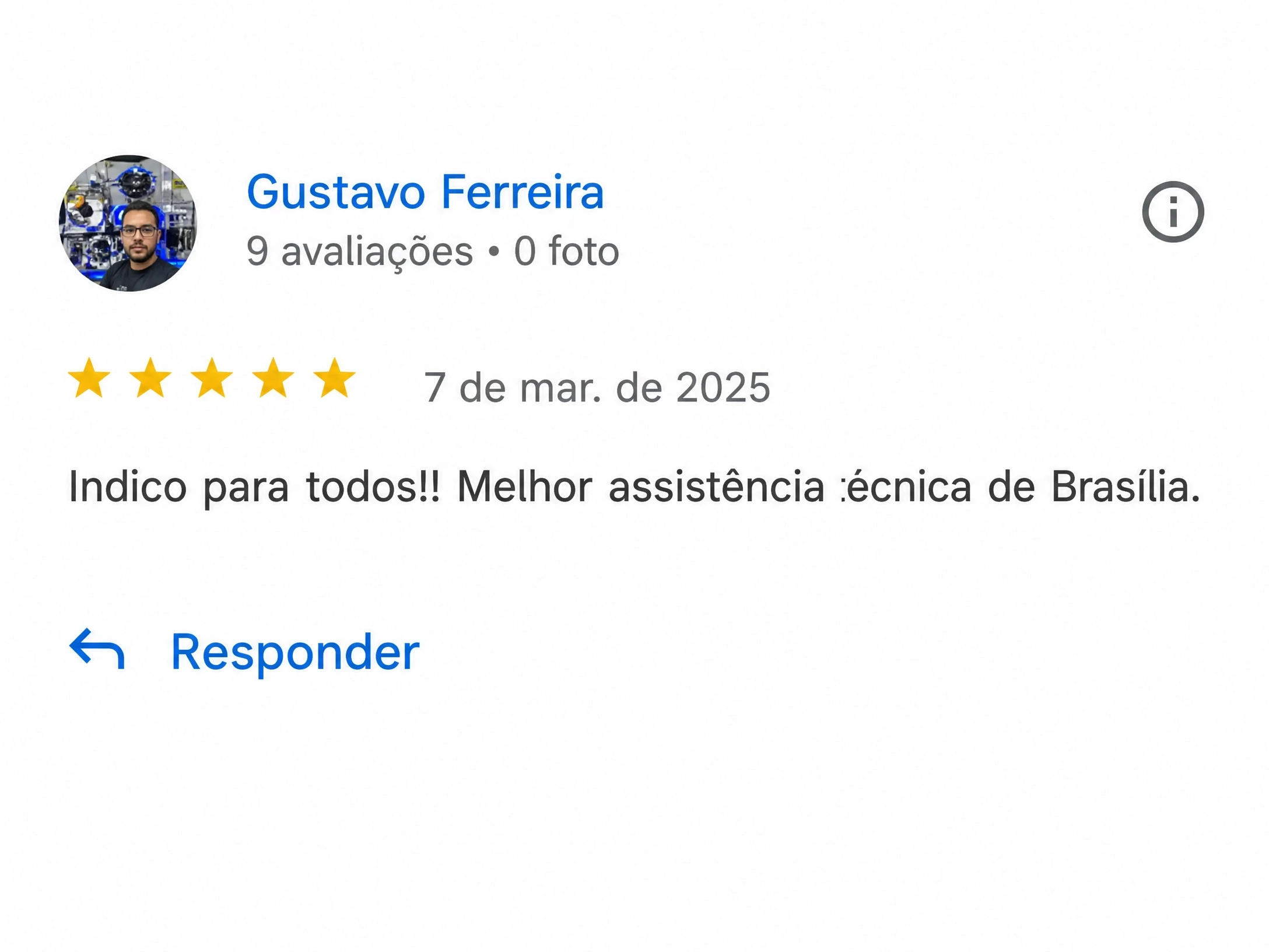 Avaliação 5 estrelas no Google de Gustavo Ferreira sobre a Total Assistência em Brasília