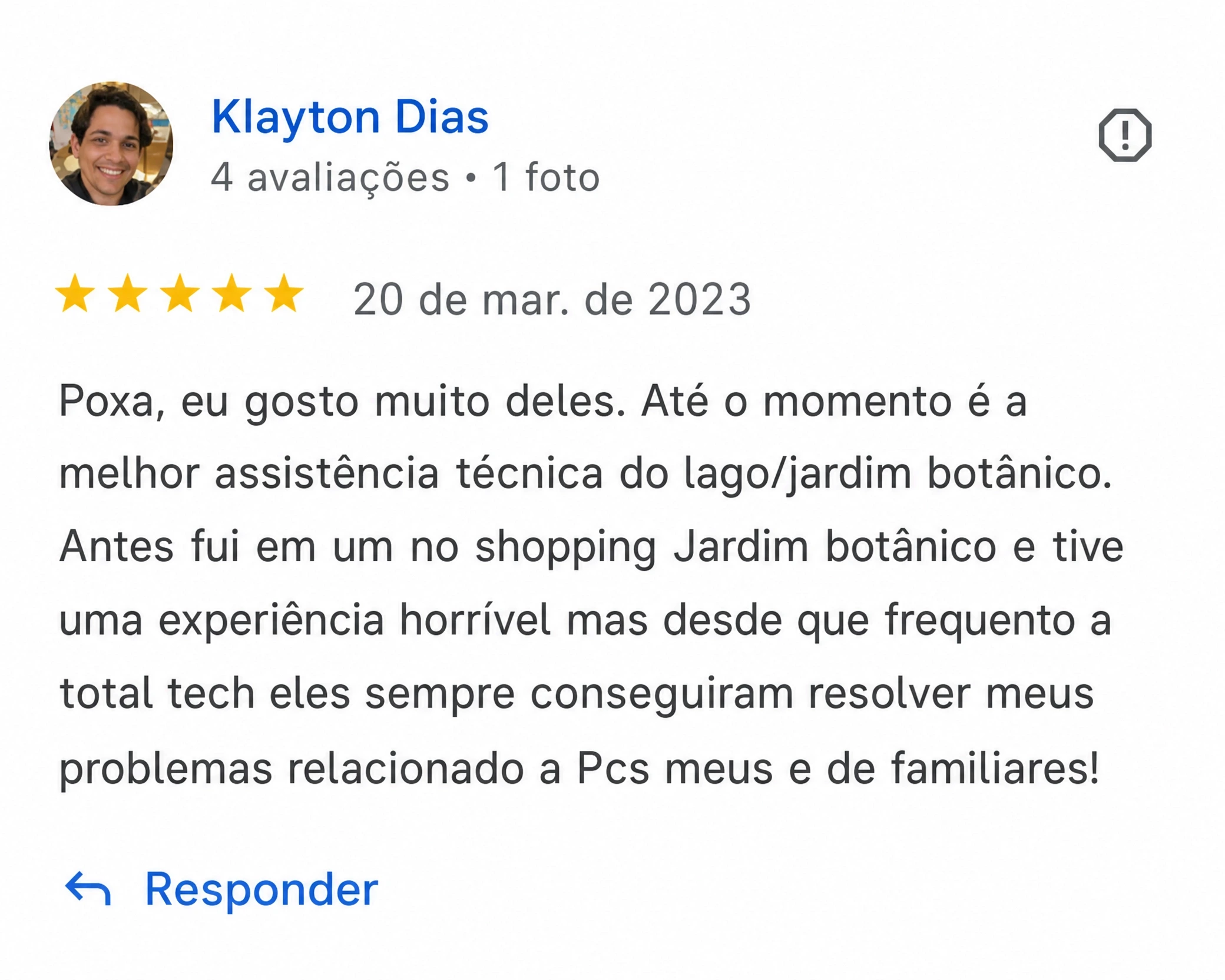 Avaliação 5 estrelas no Google de Klayton Dias sobre a Total Assistência em Brasília