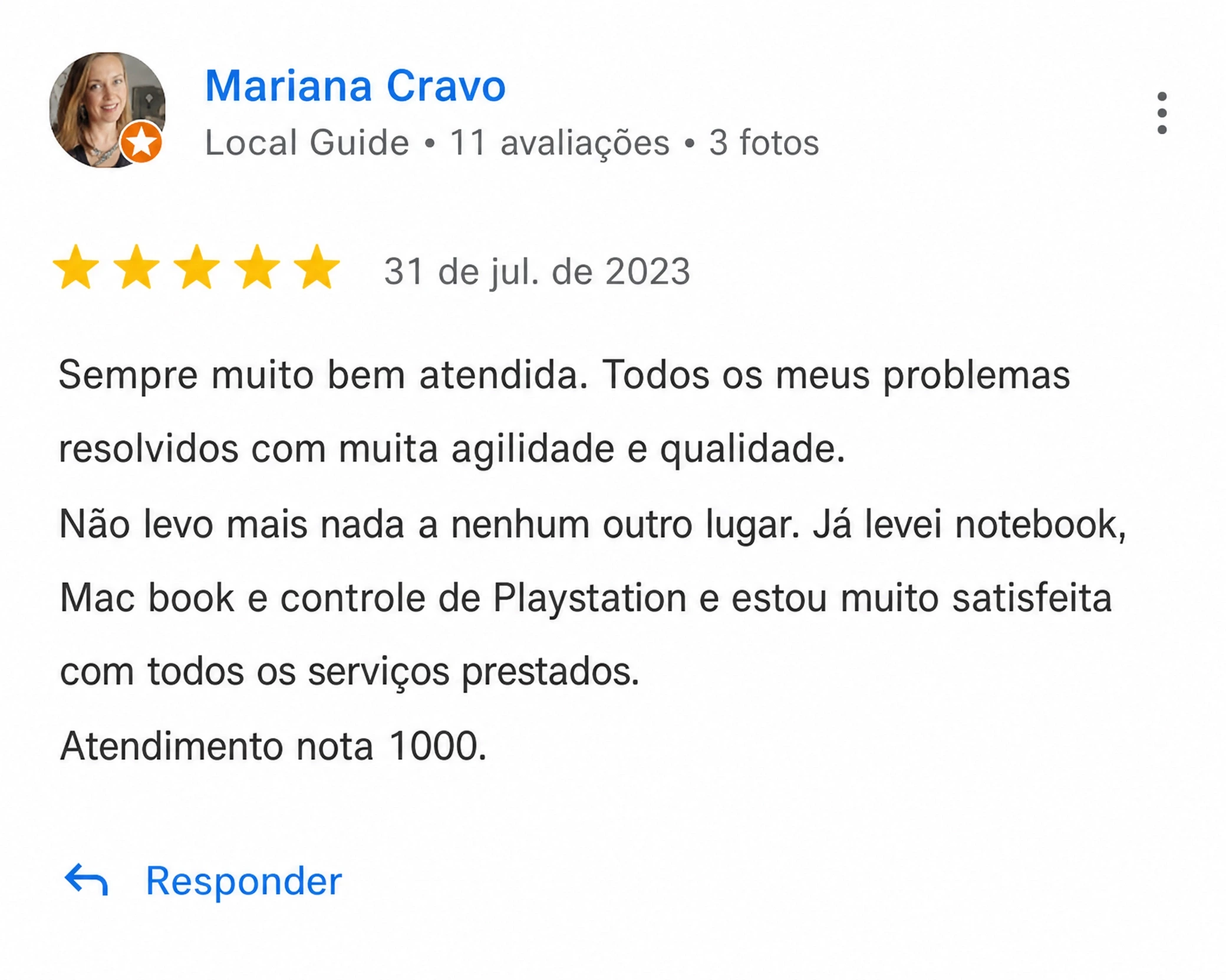 Avaliação 5 estrelas no Google de Mariana Cravo sobre a Total Assistência em Brasília