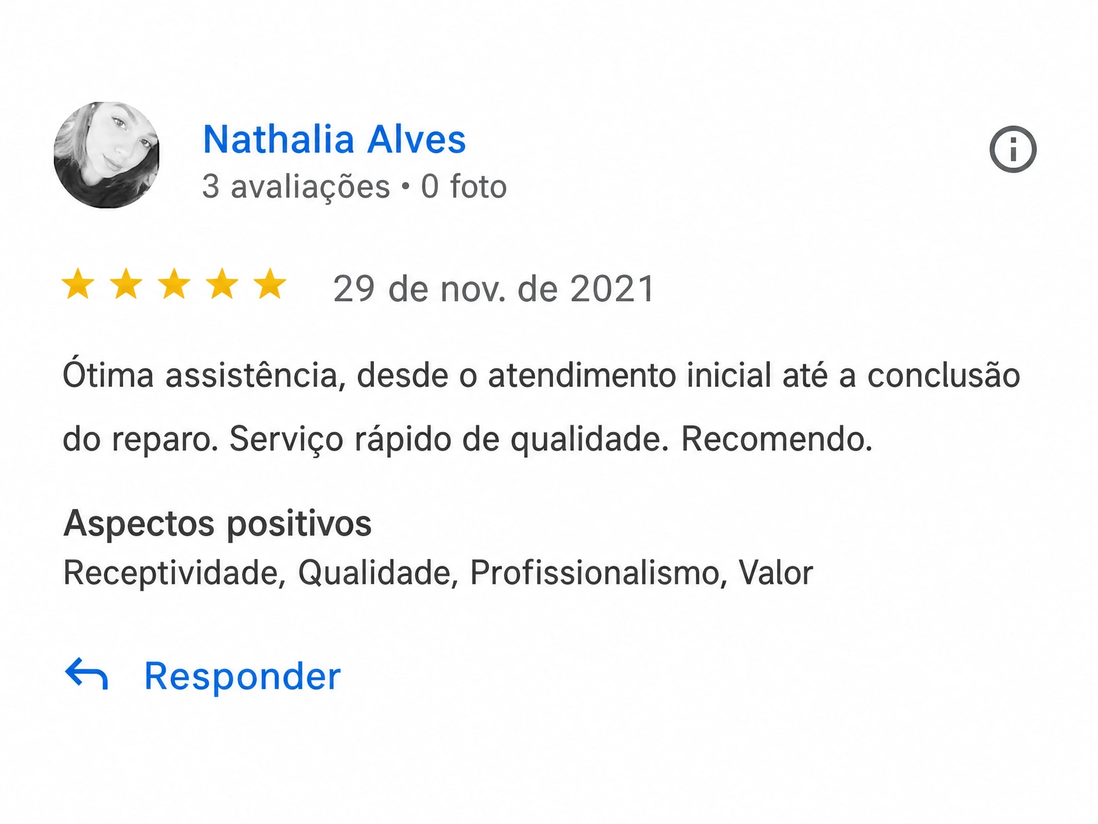 Avaliação 5 estrelas no Google de Nathalia Alves sobre a Total Assistência em Brasília